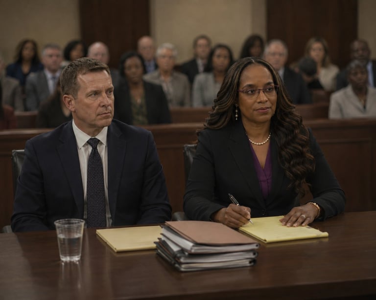 Two attorneys in business attire sit at a courtroom table with notepads, facing a judge, with spectators visible in the background