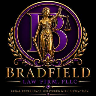 Bradfield Law Firm logo featuring Lady Justice statue in gold, scales symbol, purple circle background, laurel wreaths, and legal excellence tagline