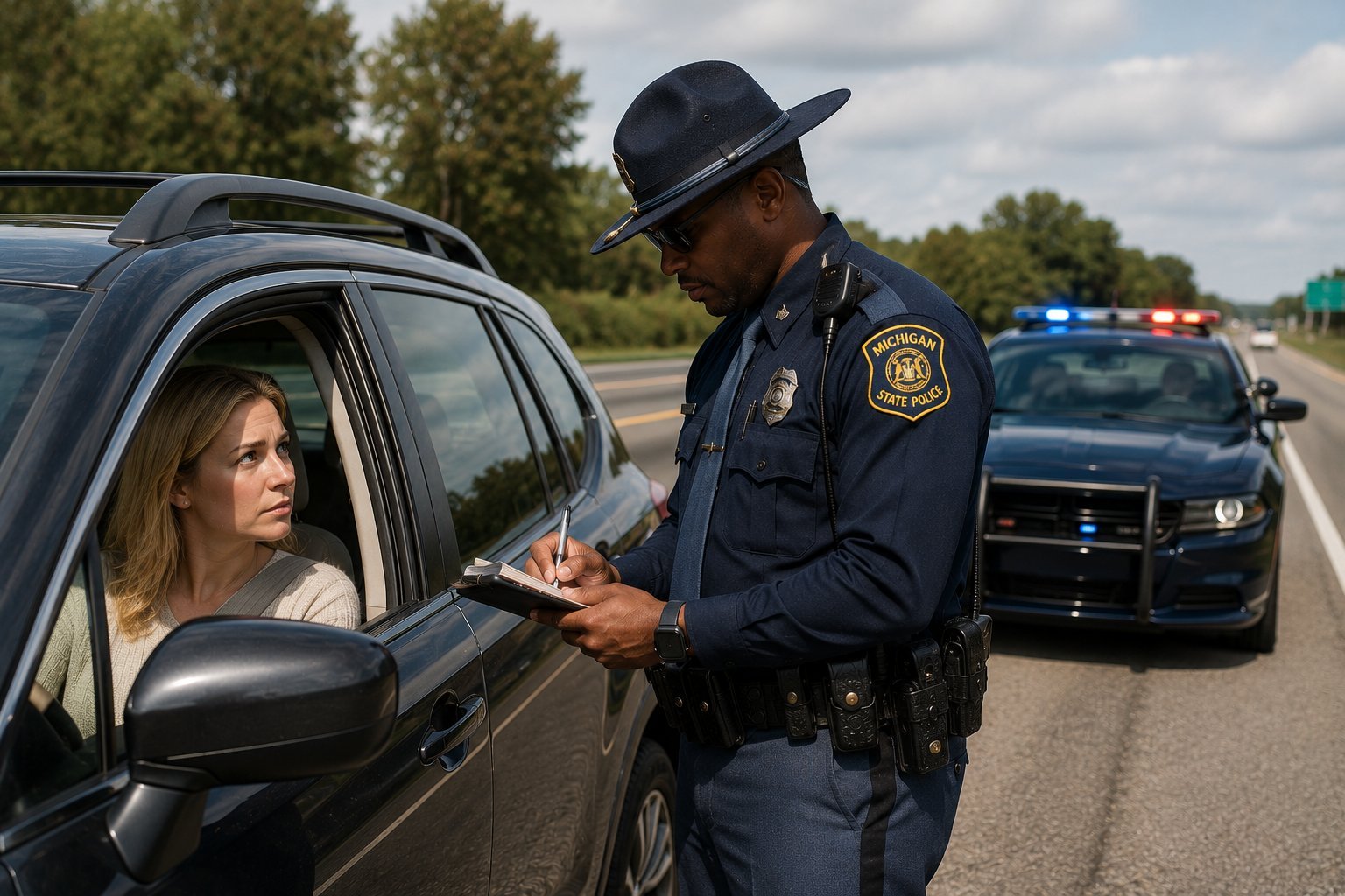 State trooper in uniform writing a ticket while speaking with female driver at window of stopped vehicle on highway