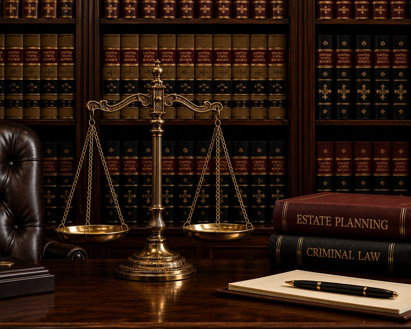 Brass scales of justice on desk with law books, leather chair, and legal documents in law office background