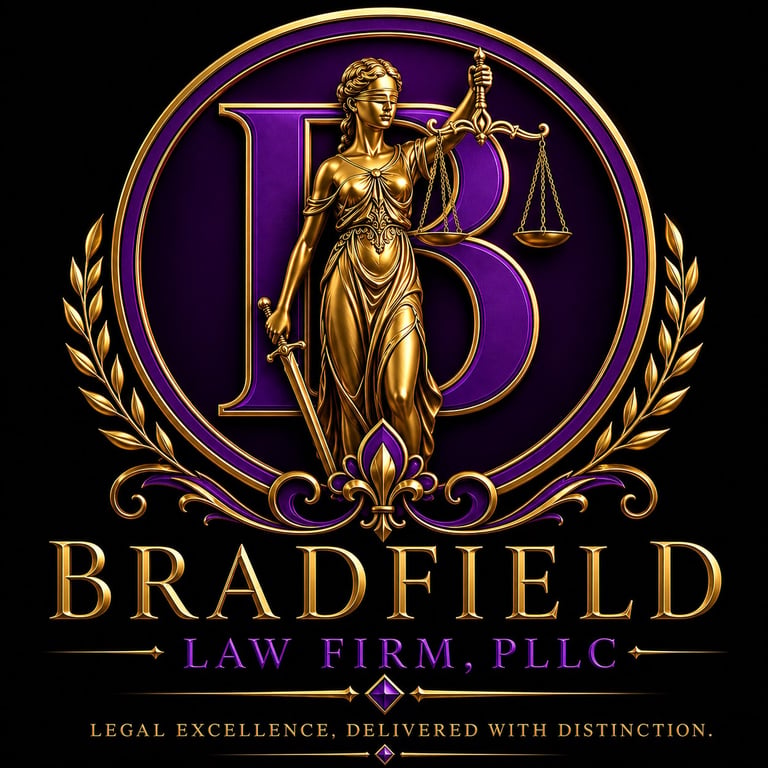 Bradfield Law Firm logo featuring Lady Justice statue holding scales within purple and gold circular emblem with laurel wreaths