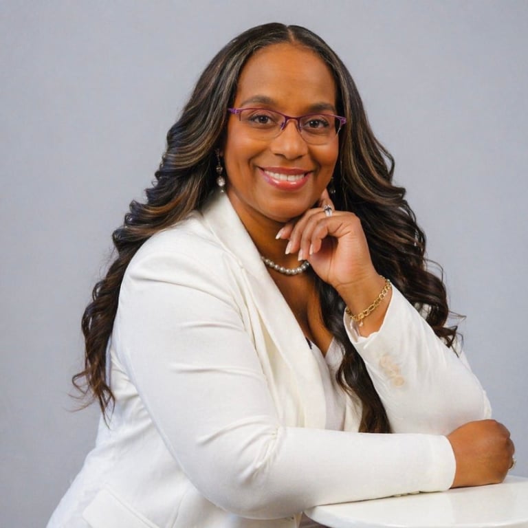 Professional headshot of a woman with long dark hair, wearing glasses, a white blazer, and jewelry, smiling at the camera against a gray background.